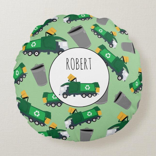 Recycling Garbage Truck Pattern Boys Name Round Pillow (Front)