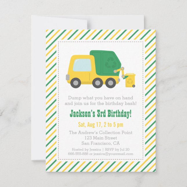 Recycling Garbage Truck Theme Boys Birthday Party Invitation (Front)