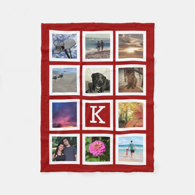 Red 11 Photo Collage Mosaic Square Frame Monogram Fleece Blanket (Front)