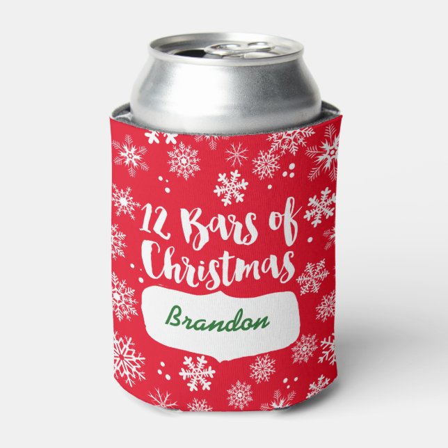 Red 12 Bars of Christmas and Snowflakes Can Cooler (Can Front)