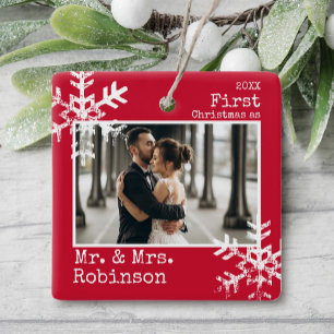 Red 1st Christmas Mr. & Mrs. Photo Ceramic Ornament