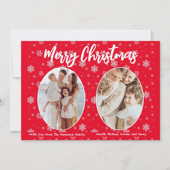 Red 2 Photo Snowflakes Cute Modern Merry Christmas Holiday Card (Front)