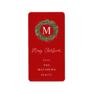 Red 2 & Wreath Monogram Merry Christmas Label