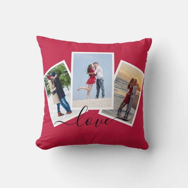 Red 3 Photo Collage Modern Script Love Throw Pillow (Front)