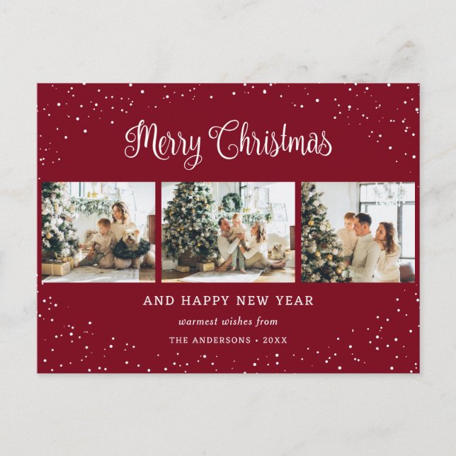 Red 3 Photo Collage Snow Minimalist Holiday Postcard (Front)