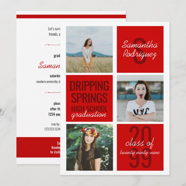 Red 3 Photo Fun Boxes Graduation Invitation (Devant / Derrière)