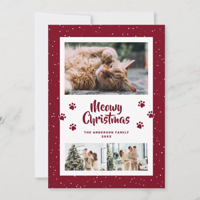 Red 3 Photo Snow Paws Meowy Christmas Card (Front)