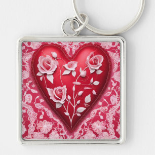Red 3d heart roses floral lace pattern  keychain
