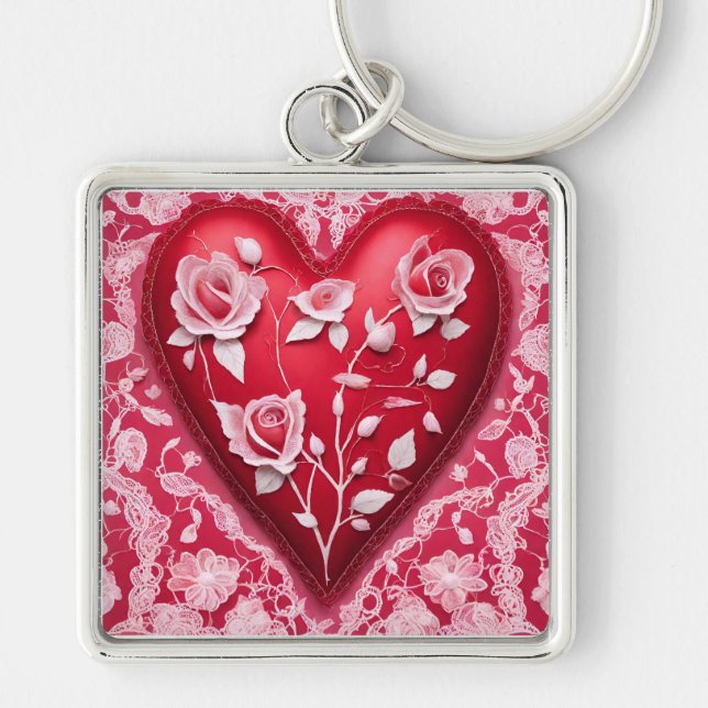 Red 3d heart roses floral lace pattern  keychain (Front)