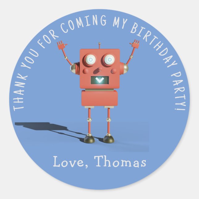 Red 3D robot kids birthday party thank you Classic Round Sticker (Front)