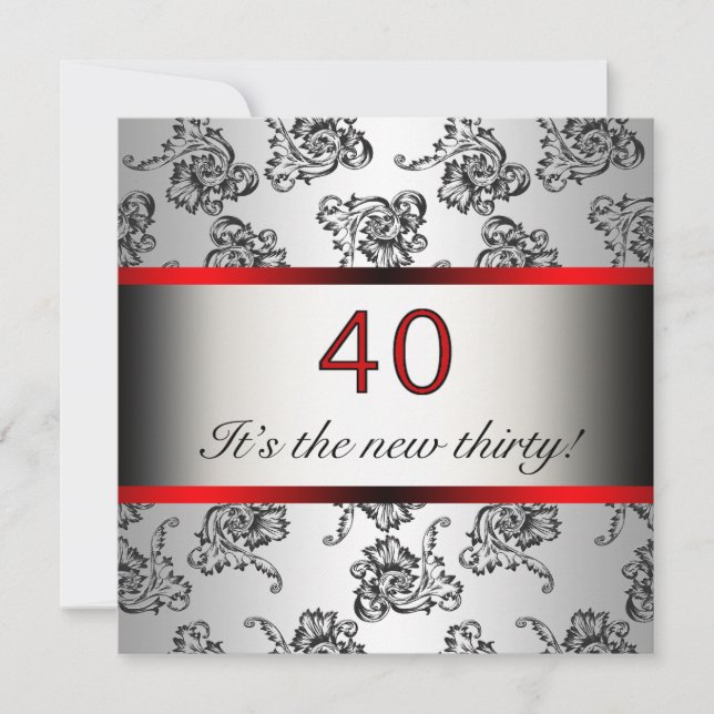 Red 40th Birthday Party Black Damask Invitation (Devant)