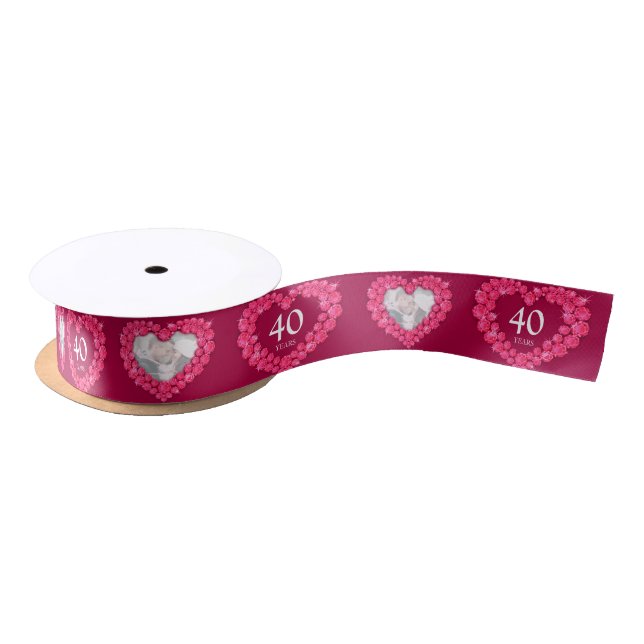 Red 40th ruby wedding anniversary photo heart satin ribbon (Spool)