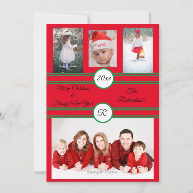 Red 4 Photo Personalized Holiday Card (Front)