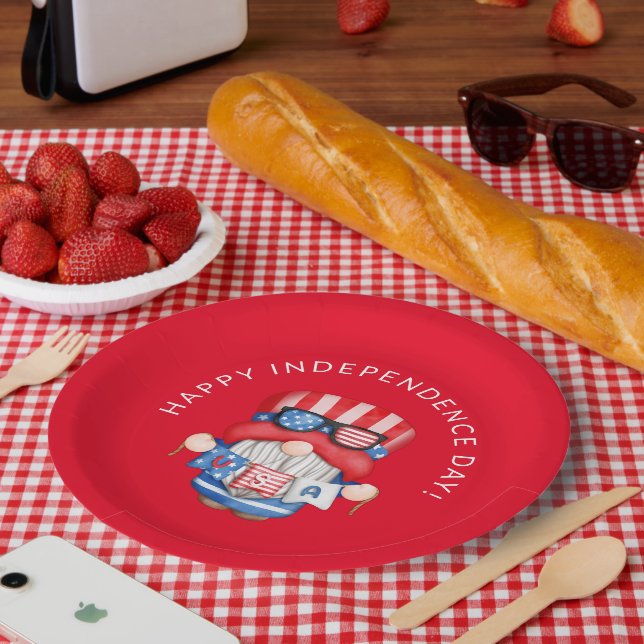 Red 4th of July Gnome Independence Day Party Paper Plate (Picnic)