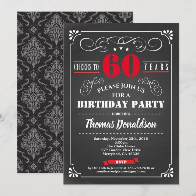 Red 60th birthday party chalkboard retro invitation (Front/Back)