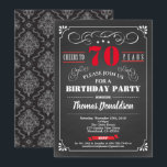 Red 70th birthday party chalkboard retro invitation<br><div class="desc">[Any Age. All text are editable]

Theme:  Birthday,  Anniversary,  Retirement Party / Celebration 
Style: Retro,  Vintage,  Elegant
Colours: Black,  Red and White.
Graphics: retro chalkboard ,  vintage typography and frame,  damask background,  red lettering.</div>
