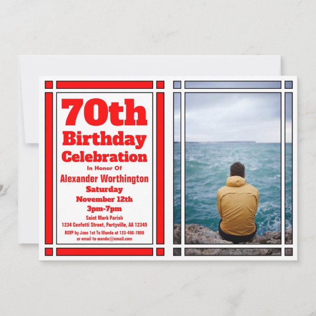 Red 70th Photo Birthday Invitation (Front)