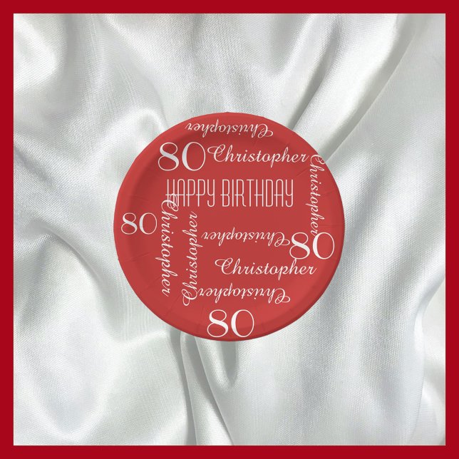 Red 80th Birthday Party Repeating Name Paper Plate (Creator Uploaded)