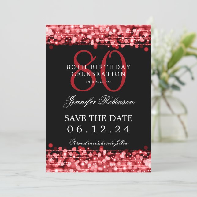 Red 80th Birthday Save the Date  Invitation (Standing Front)