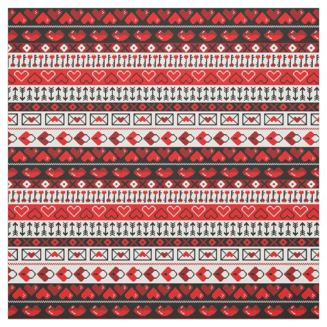 Red 8 Bit Love Hearts Fabric (Swatch)