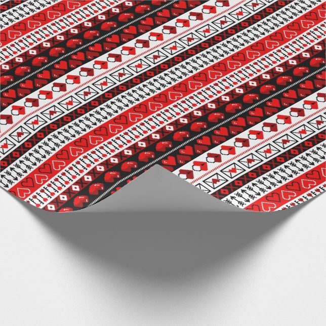Red 8 Bit Love Hearts Wrapping Paper (Corner)