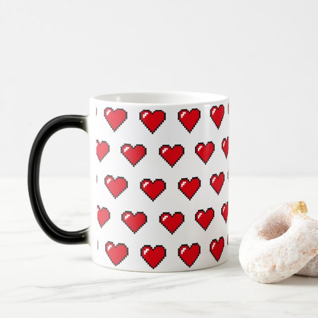 Red 8-Bit Pixel Heart Pattern Magic Mug (With Donut)