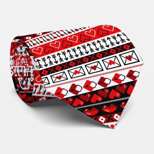 Red 8 Bit Valentines Heart Stripes Pattern Tie (Rolled)