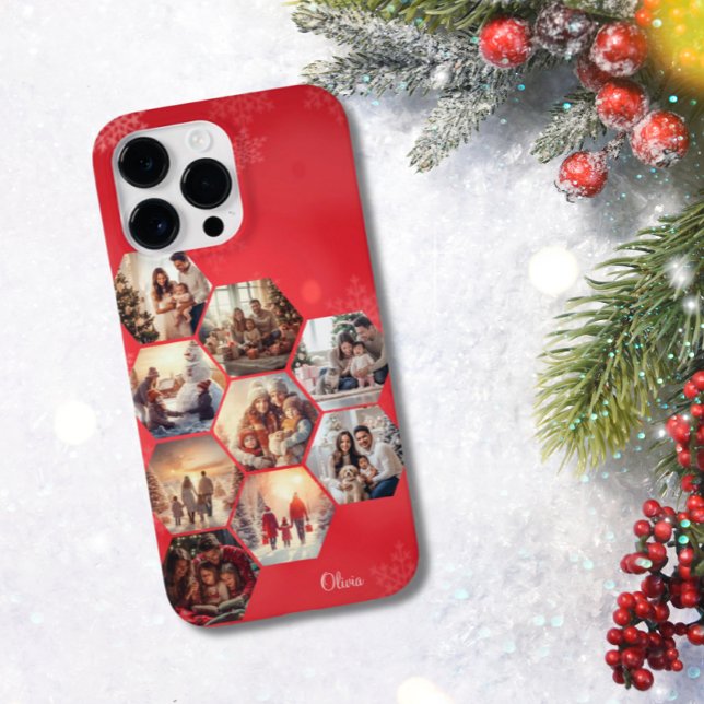 Red 9 Photo Collage Modern Personalized Name Case-Mate iPhone Case (Creator Uploaded)