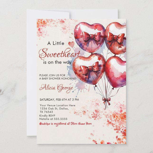 Red A Little Sweetheart Balloons & bow baby shower Invitation (Front)