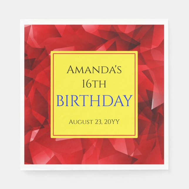 Red Abstract Crystal Design Birthday Custom Text Napkin (Front)