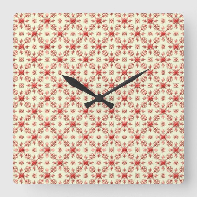 Red Abstract Damask on Creme Square Clock (Front)