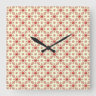 Red Abstract Damask on Creme Square Clock