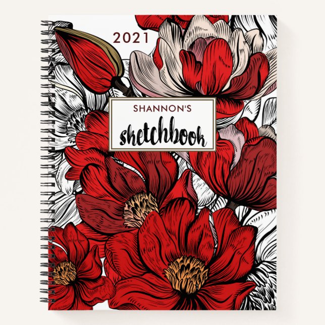 Red Abstract Floral 2022 Personalized Sketchbook Notebook (Front)