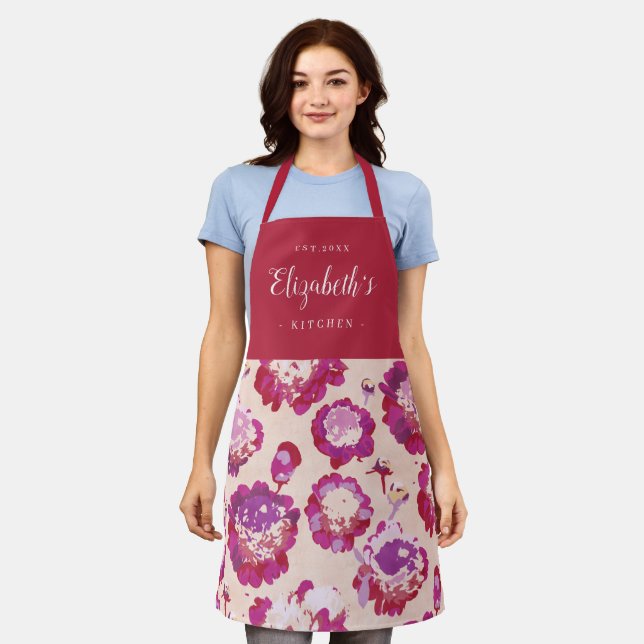 Red abstract floral pattern personalized cooking apron (Worn)