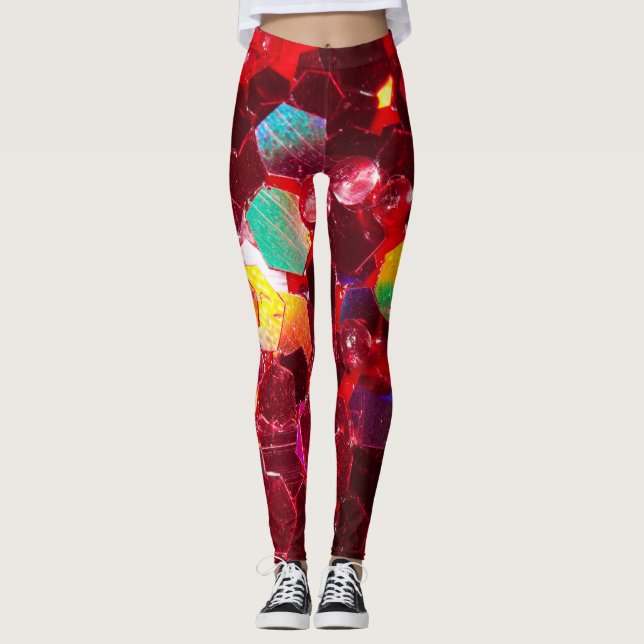 Red abstract mosaic shiny glitter pattern leggings (Front)