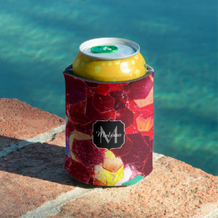 Red abstract mosaic shiny glitter pattern Monogram Can Cooler