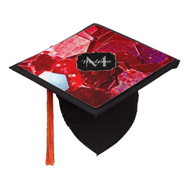 Red abstract mosaic shiny glitter pattern Monogram Graduation Cap Topper (Angled)