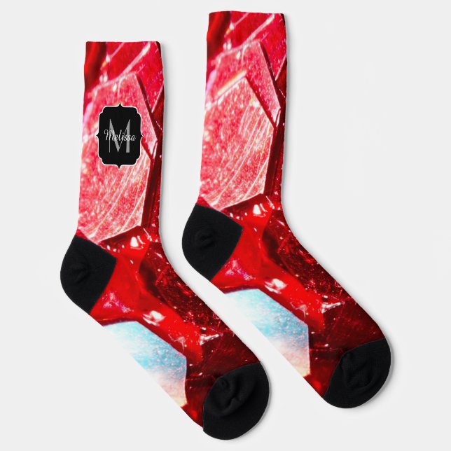 Red abstract mosaic shiny glitter pattern Monogram Socks (Right)