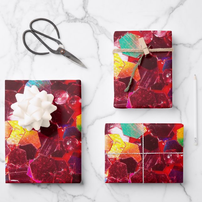 Red abstract mosaic shiny glitter pattern wrapping paper sheet (Front)