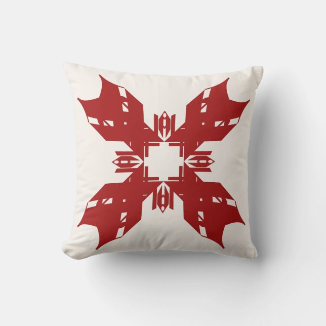 Red Abstract on White Snowflake-like Design Throw Pillow (Front)