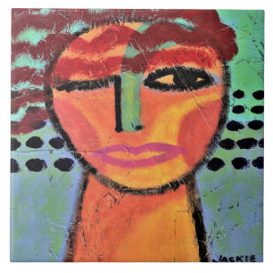 Red Abstract Painting of a Woman on OSB Board Tile