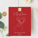 Red abstract reindeer business Christmas card<br><div class="desc">Red background,  and a white abstract one line reindeer.  Personalize and add a your business logo,  name and year. Text: Merry Christmas. 

Back: add your message. 

1 sheet = 1 invitation printed edge to edge.</div>