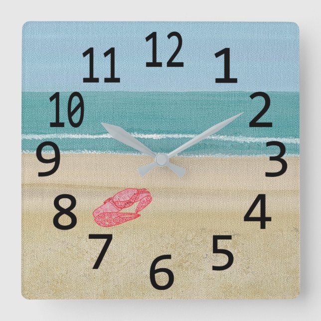 Red Abstract Sand Crab Beach Large Black Numbers Square Wall Clock (Front)