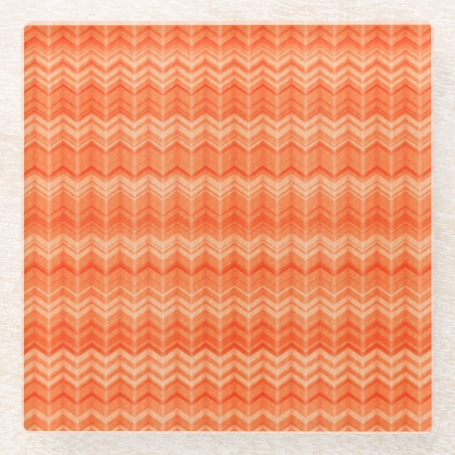 Red abstract zigzag textile pattern glass coaster (Front)