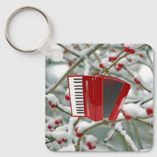 Red Accordion - Berries in the Snow Background Keychain