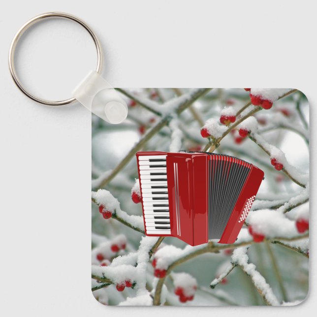 Red Accordion - Berries in the Snow Background Keychain (Front)