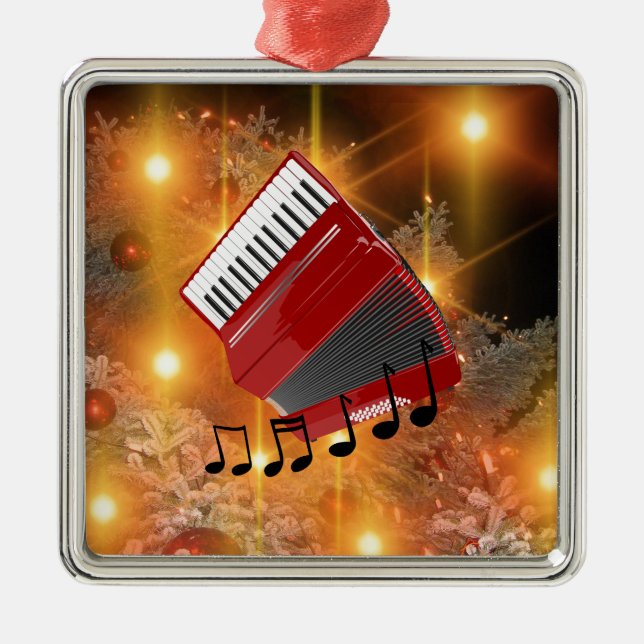 Red Accordion, Holiday Design, Metal Ornament (Front)