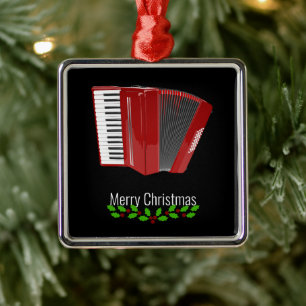 Red Accordion, Merry Christmas, Metal Ornament