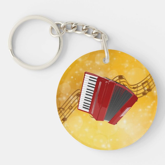 Red Accordion, Musical Notes on Gold Background Keychain (Front)