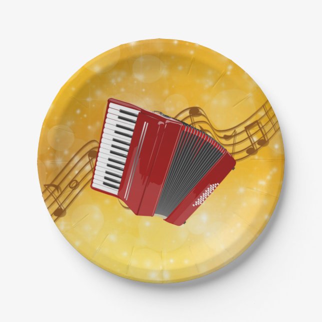 Red Accordion, Musical Notes on Gold Background Paper Plate (Front)